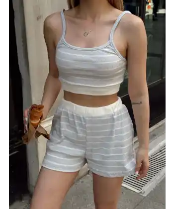 Çizgili şortlu takım gri s3978