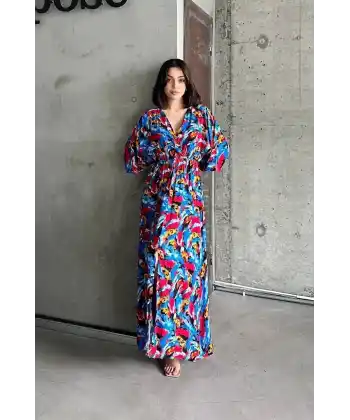 Dokuma baskılı yarasa kol elbise s8124