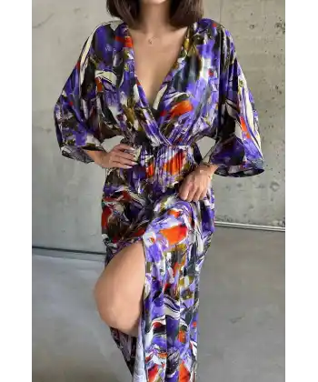 Dokuma baskılı yarasa kol elbise s8124