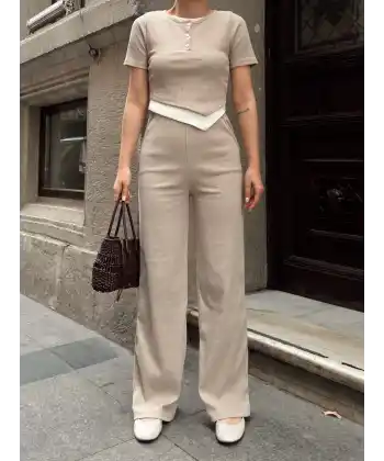 Düğme yakalı bej alt üst takım s3943