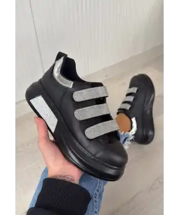 Elika Siyah Cilt Simli Cırt Cırtlı Spor Ayakkabı