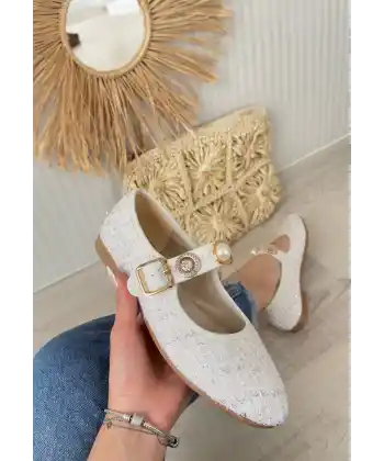 Hante Beyaz Keten Taşlı Babet Ayakkabı