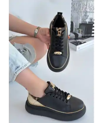 Jista Siyah Cilt Sarı Detaylı Bağcıklı Spor Ayakkabı