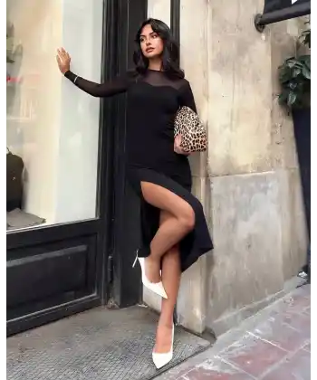 Kadın tül detaylı midi boy yırtmaçlı elbise