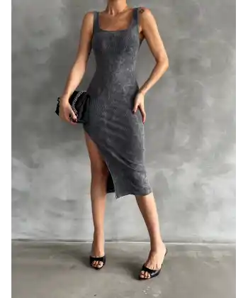 Kaşkorse aşit yıkamalı yırtmaçlı elbise