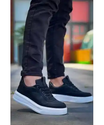 KB-006 Kuback Siyah Cilt Yüksek Taban Bağcıklı Günlük Erkek Ayakkabı