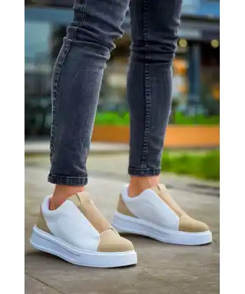 KB-007  Kuback  Beyaz Bej Yüksek Taban Tek Bant Bağcıksız Günlük Erkek Ayakkabı