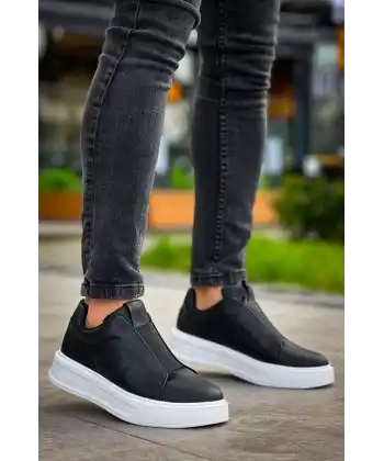 KB-007  Kuback Siyah Beyaz Yüksek Taban Tek Bant Bağcıksız Günlük Erkek Ayakkabı