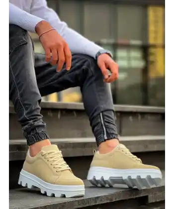 KB-056 Kuback Bej Süet Beyaz Yüksek Taban Günlük Spor Ayakkabı