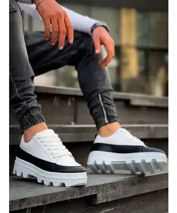 KB-056 Kuback Beyaz Siyah Detaylı Beyaz Yüksek Taban Günlük Spor Ayakkabı