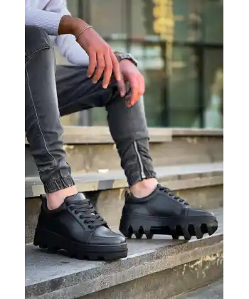 KB-056 Kuback Siyah Cilt Siyah Yüksek Taban Günlük Spor Ayakkabı