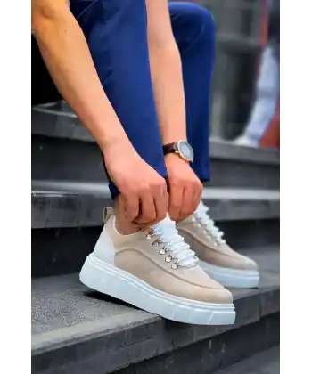 KB-X10 Kuback Bej Süet Beyaz Yüksek Taban Günlük Spor Ayakkabı
