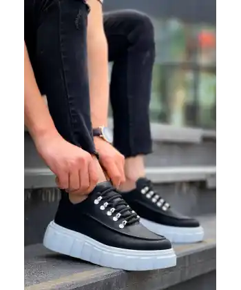 KB-X10 Kuback Siyah Cilt  Beyaz Yüksek Taban Günlük Spor Ayakkabı