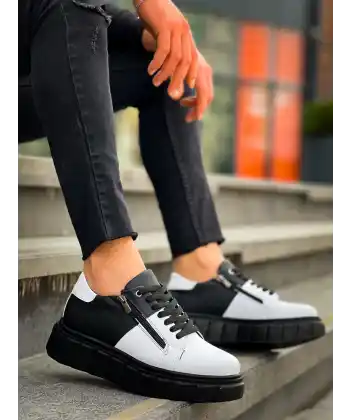 KB-X155 Kuback Beyaz Cilt Siyah Cilt Detaylı Siyah Yüksek Taban Günlük Spor Ayakkabı
