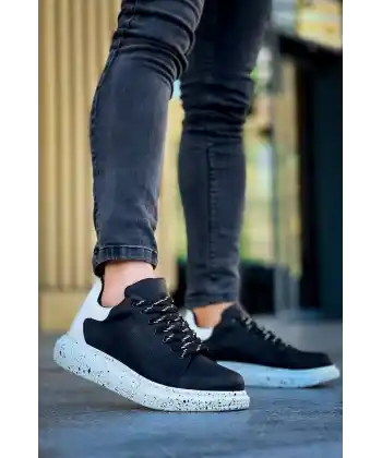 KB-X500  Kuback Siyah Beyaz Yüksek Taban Bağcıklı Günlük Erkek Ayakkabı