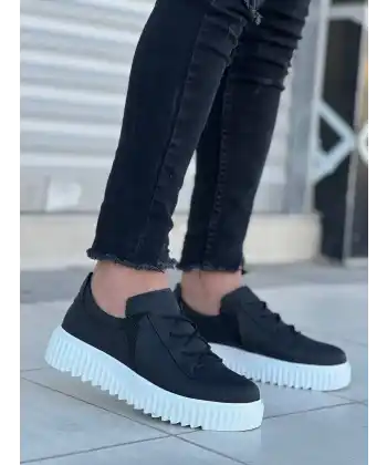 KB-X502  Kuback Siyah Cilt Yüksek Beyaz Taban Bağcık Detaylı Lastikli Günlük Erkek Ayakkabı