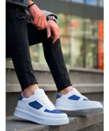 KB-X8 Kuback Beyaz Cilt Mavi Süet Detaylı Beyaz Yüksek Taban Günlük Spor Ayakkabı