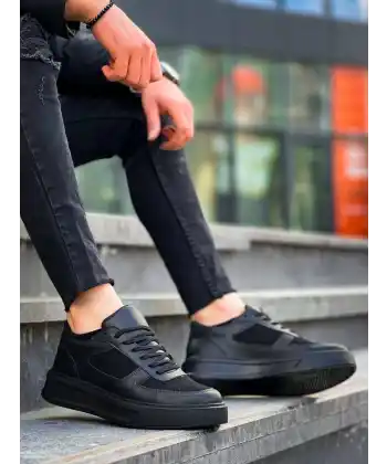 KB-X8 Kuback Siyah Cilt Siyah Süet  Detaylı Siyah Yüksek Taban Günlük Spor Ayakkabı