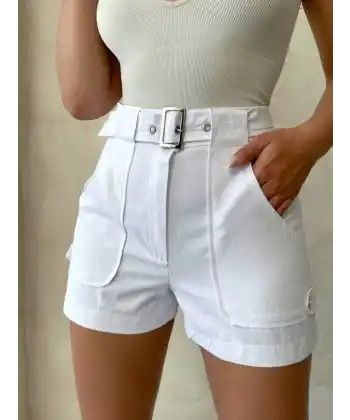 Kemer detaylı gabardin şort beyaz s25289