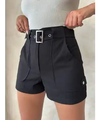 Kemer detaylı gabardin şort siyah s25289