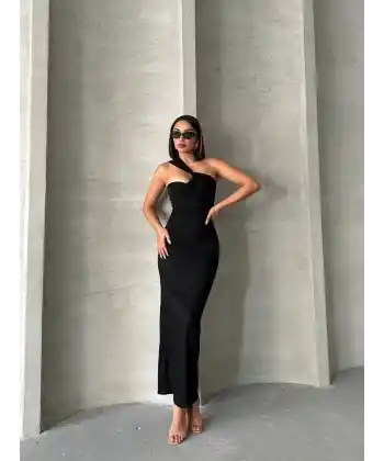 Krinkıl tek omuz uzun elbise siyah s25455