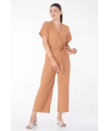 Kruvaze Yaka Kadın Vizon Kuşaklı Tulum