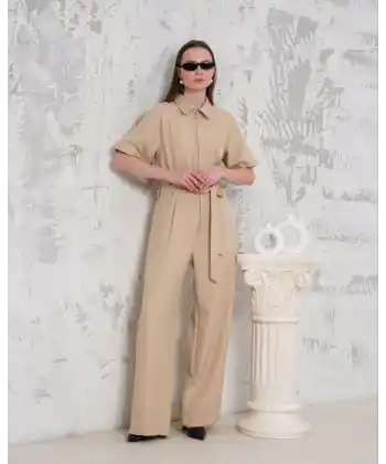 Kuşaklı gömlek yaka salaş tulum bej s255822