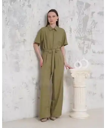 Kuşaklı gömlek yaka salaş tulum haki s255822