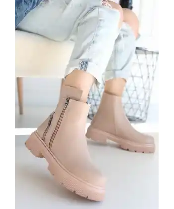 Menta Nude Cilt Fermuar Aksesuarlı Bot