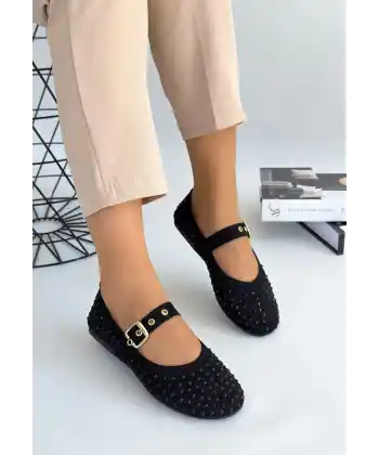 Olise Siyah Boncuk İşlemeli Babet Ayakkabı