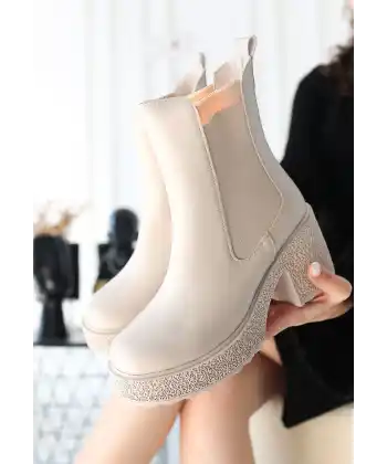 Paigo Bej Cilt Topuklu Bot