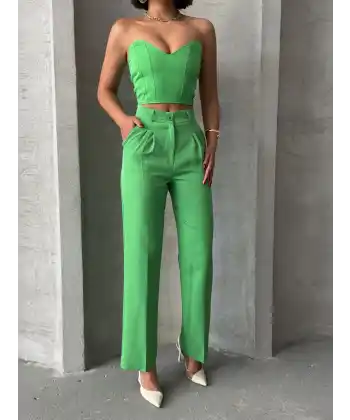 Palazzo pantolonlu alt üst takım yeşil