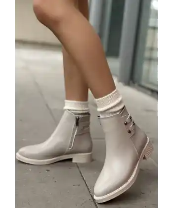 Siari Bej Cilt Topuklu Bot