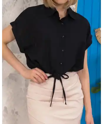 Sıfır kollu bağlamalı crop gömlek siyah s255359