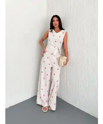 Sırt dekolteli keten beyaz tulum S1036