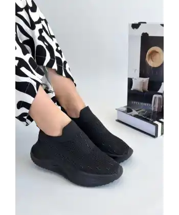 Soord Siyah Triko Boncuk İşlemeli Spor Ayakkabı