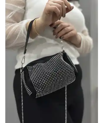 Taşlı siyah cilt çanta