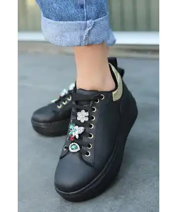 Tenya Siyah Cilt Taşlı Bağcıklı Spor Ayakkabı