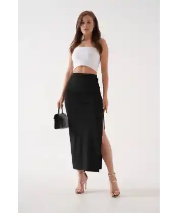 Uzun yırtmaçlı ince kumaş etek siyah