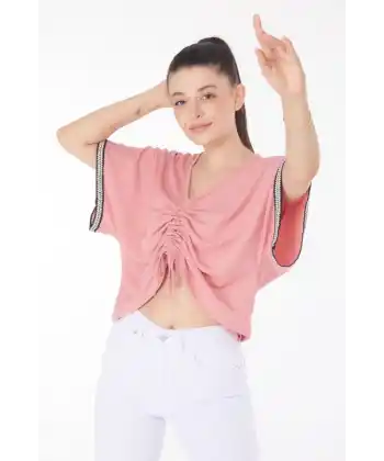 V yaka büzgülü detaylı bluz