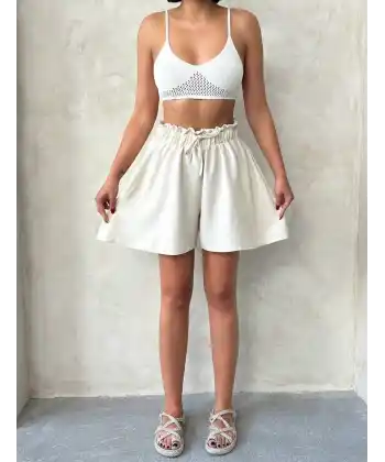 Volanlı keten şort bej s255058