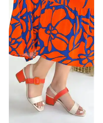 Year Bej Cilt Turuncu Detaylı Turuncu Topuklu Topuklu Ayakkabı