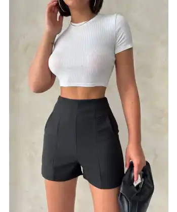 Yüksek bel parçalı double kumaş şort s25312