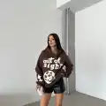 3 iplik şardonlu oversize compact out of baskılı sweat kahve