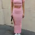 Çizgili etekli takım pembe s3609