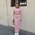 Çizgili etekli takım pembe s3609