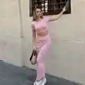 Çizgili etekli takım pembe s3609
