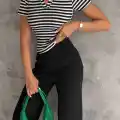 çizgili kaşkorse v yaka tişört siyahbeyaz