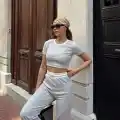 Crop pantolon biyeli takım gri
