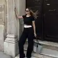 Crop pantolon biyeli takım siyah